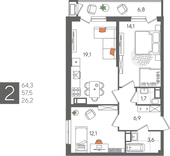 Продажа 2-комнатной квартиры 64,3 м², 18/24 этаж