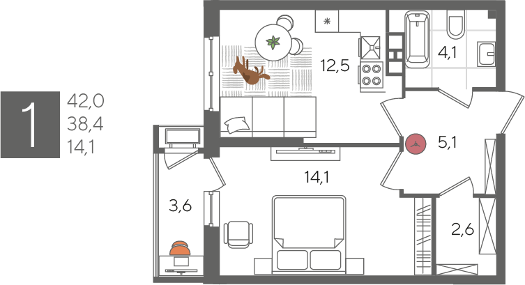 Продажа 1-комнатной квартиры 42 м², 5/24 этаж
