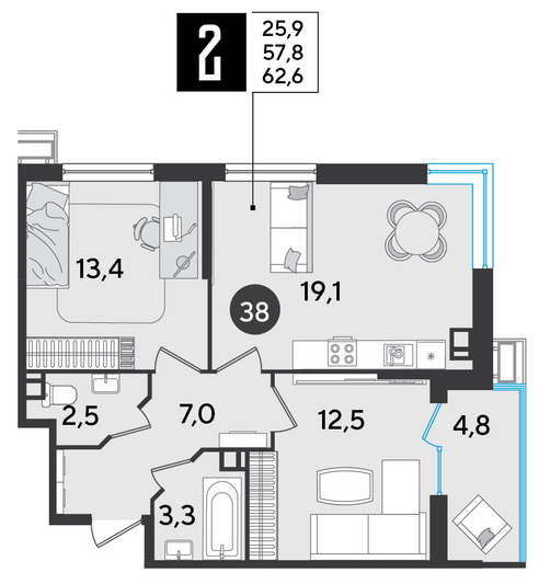 Продажа 2-комнатной квартиры 62,6 м², 6/9 этаж