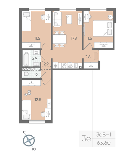 Продажа 3-комнатной квартиры 63,6 м², 2/19 этаж