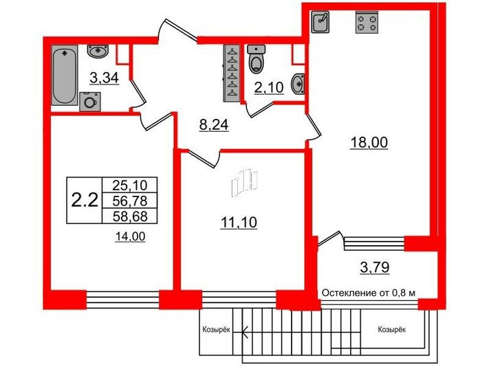 Продажа 2-комнатной квартиры 56,8 м², 1/9 этаж