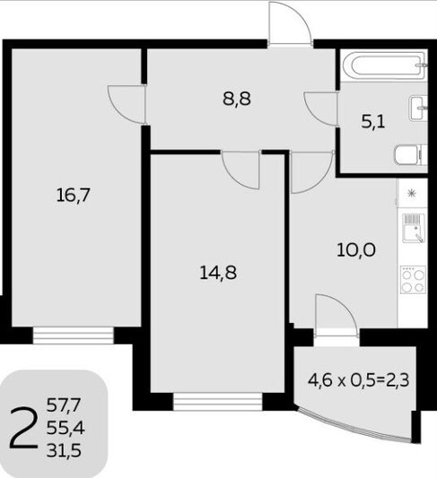 Продажа 2-комнатной квартиры 57,7 м², 2/19 этаж