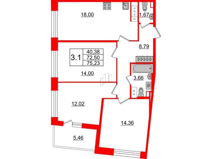 Продажа 3-комнатной квартиры 72,5 м², 4/12 этаж