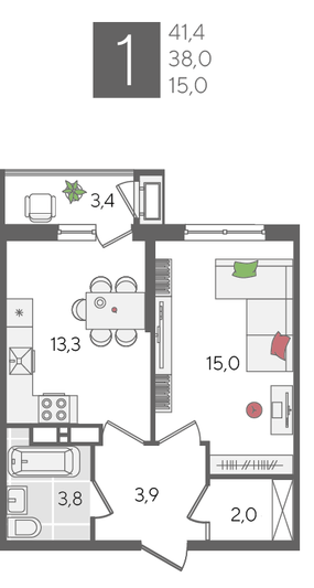 Продажа 1-комнатной квартиры 41,4 м², 12/24 этаж