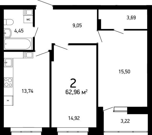 Продажа 2-комнатной квартиры 63 м², 7/10 этаж