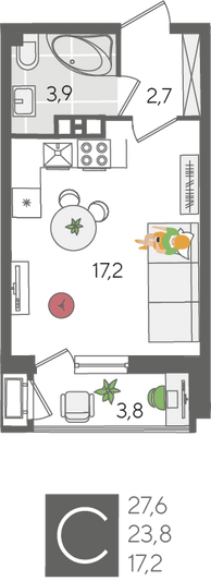 Продажа квартиры-студии 27,6 м², 7/24 этаж