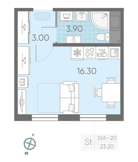 Продажа квартиры-студии 23,2 м², 2/16 этаж