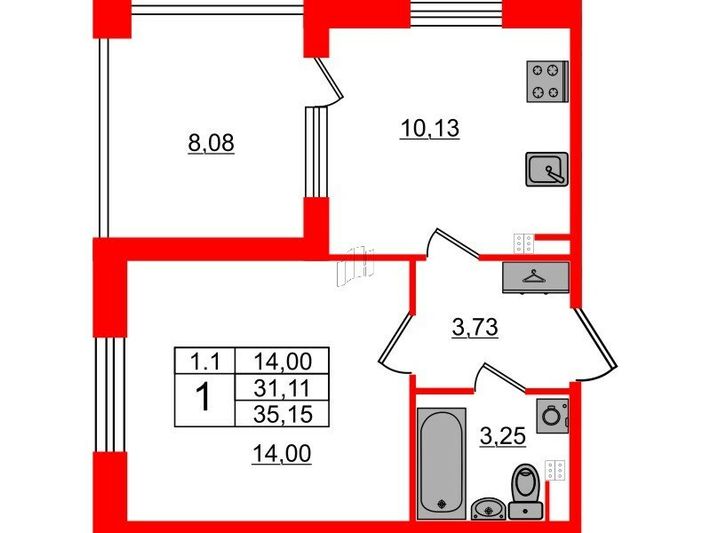 Продажа 1-комнатной квартиры 31,1 м², 3/5 этаж