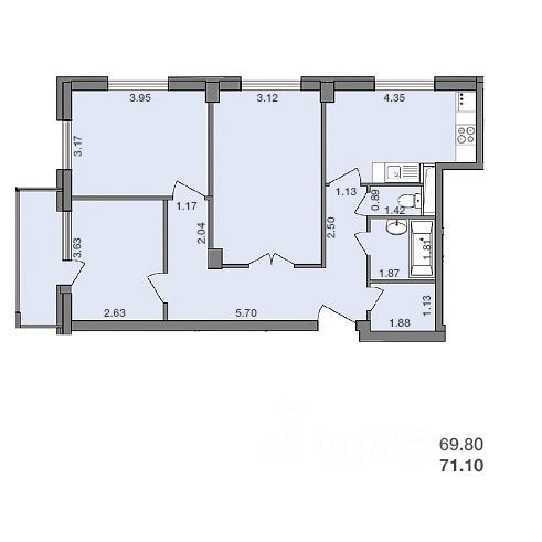 Продажа 3-комнатной квартиры 71,1 м², 2/13 этаж
