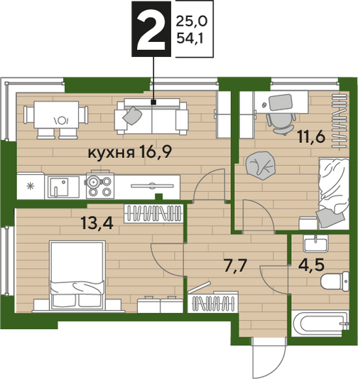 Продажа 2-комнатной квартиры 54,1 м², 2/19 этаж