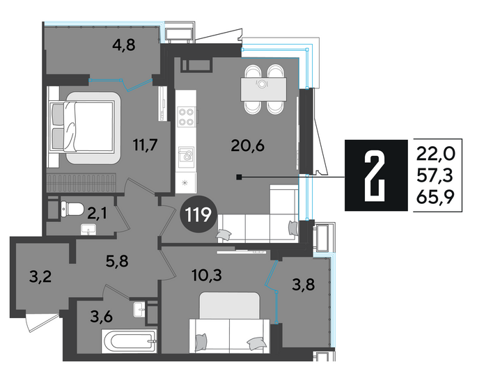 Продажа 2-комнатной квартиры 65,9 м², 15/18 этаж