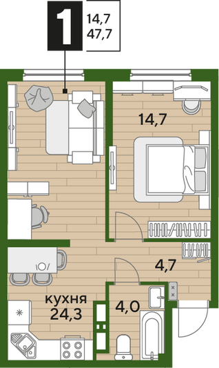 Продажа 1-комнатной квартиры 47,7 м², 16/19 этаж