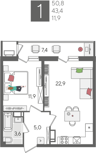 Продажа 1-комнатной квартиры 50,8 м², 22/24 этаж