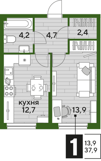 Продажа 1-комнатной квартиры 37,9 м², 2/19 этаж