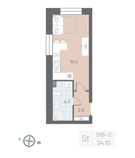 Продажа квартиры-студии 24,1 м², 2/10 этаж