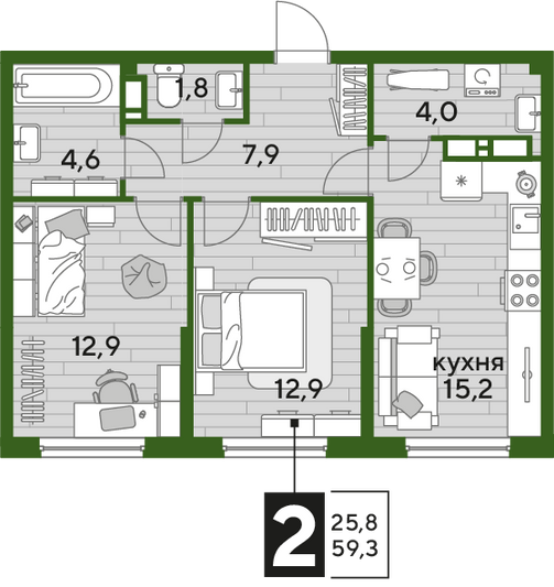 Продажа 2-комнатной квартиры 59,3 м², 13/16 этаж