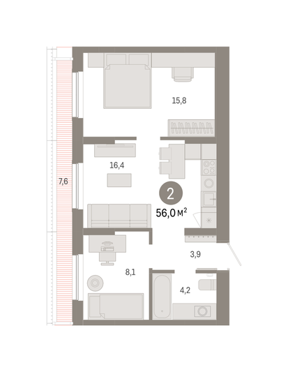 Продажа 2-комнатной квартиры 56 м², 7/7 этаж