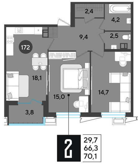 Продажа 2-комнатной квартиры 70,1 м², 4/9 этаж