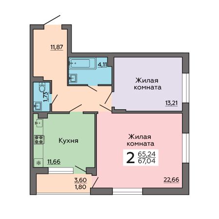 Продажа 2-комнатной квартиры 67 м², 2/6 этаж