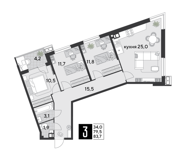 Продажа 3-комнатной квартиры 83,7 м², 5/18 этаж