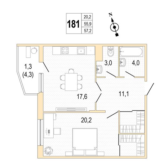 Продажа 1-комнатной квартиры 57,3 м², 3/8 этаж