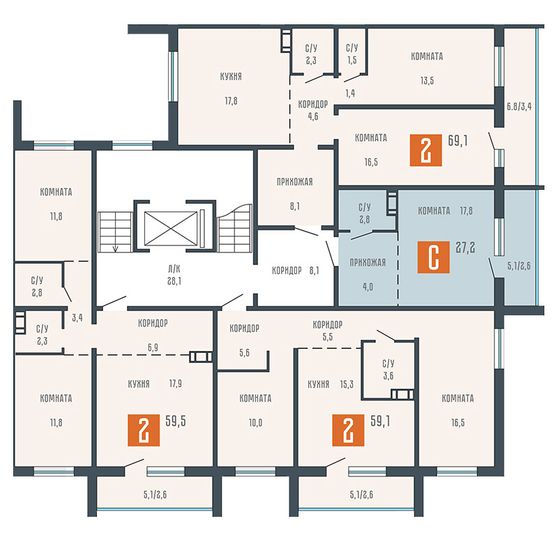Продажа 2-комнатной квартиры 69,1 м², 2/10 этаж