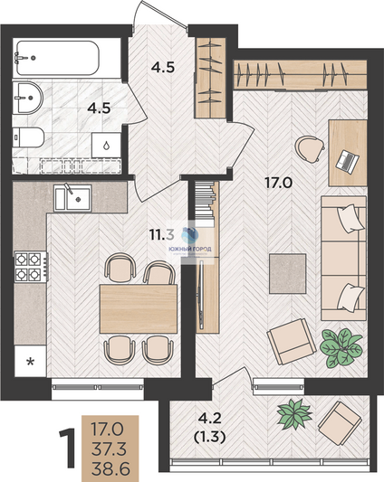 Продажа 1-комнатной квартиры 38,6 м², 16/24 этаж