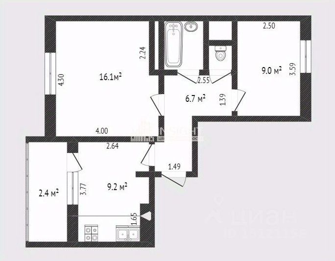 Продажа 2-комнатной квартиры 45,8 м², 3/9 этаж