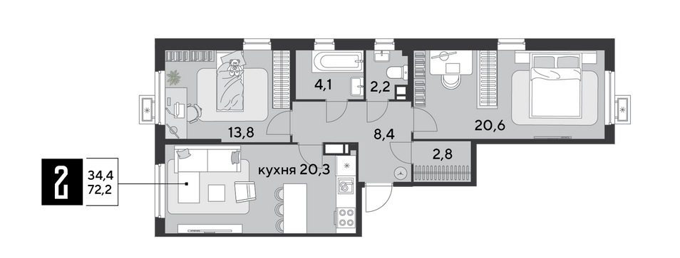 Продажа 2-комнатной квартиры 72,2 м², 16/18 этаж