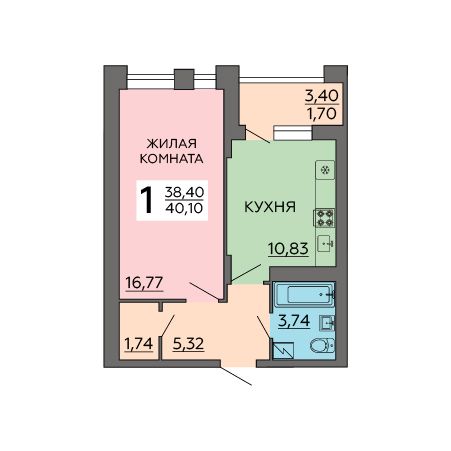 Продажа 1-комнатной квартиры 40,1 м², 18/18 этаж