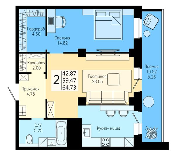 Продажа 2-комнатной квартиры 64,7 м², 4/25 этаж