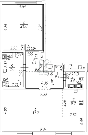 Продажа 2-комнатной квартиры 95,3 м², 4/7 этаж