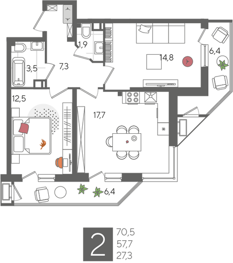 Продажа 2-комнатной квартиры 70,5 м², 6/24 этаж