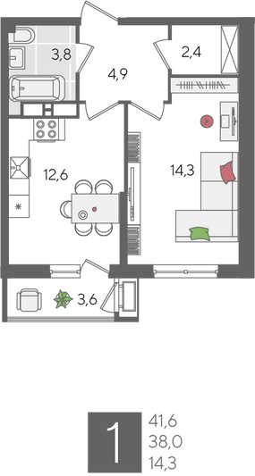 Продажа 1-комнатной квартиры 41,6 м², 11/24 этаж