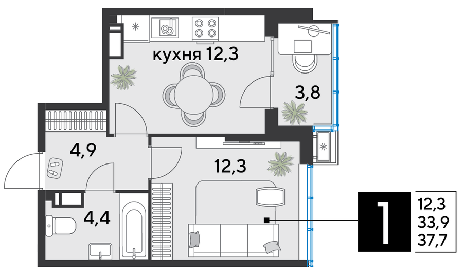 Продажа 1-комнатной квартиры 37,7 м², 17/18 этаж