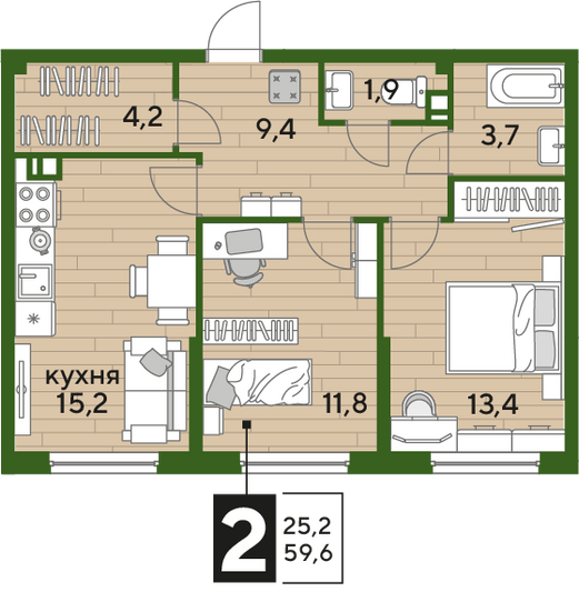 Продажа 2-комнатной квартиры 59,6 м², 5/19 этаж