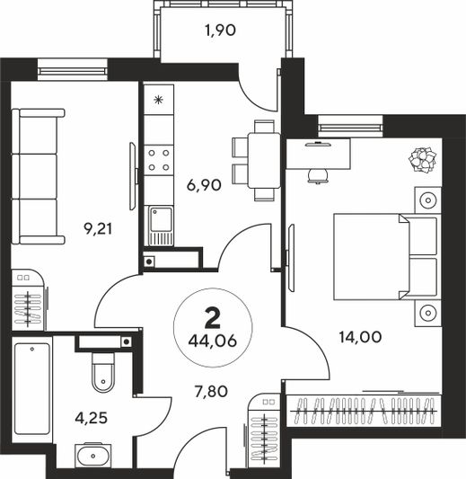 Продажа 2-комнатной квартиры 43,9 м², 25 этаж