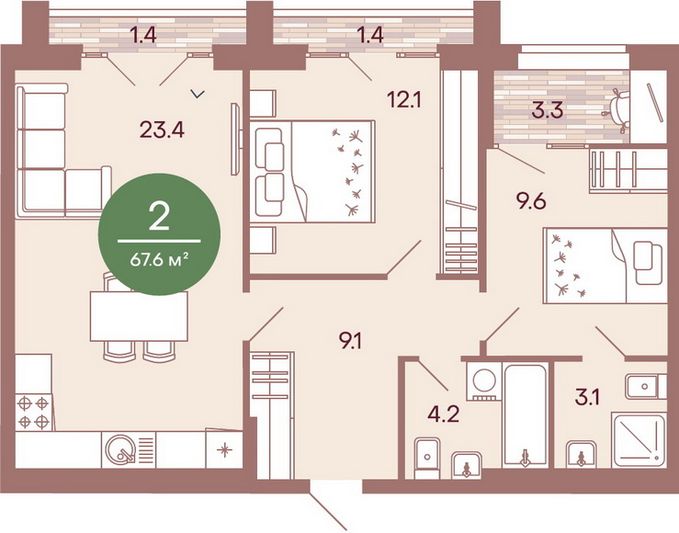Продажа 2-комнатной квартиры 67,6 м², 3/17 этаж