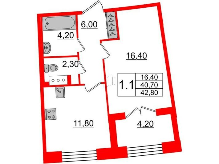 Продажа 1-комнатной квартиры 40,7 м², 4/8 этаж