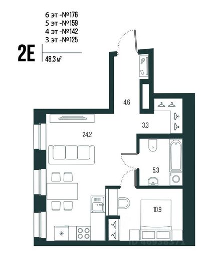 Продажа 1-комнатной квартиры 48,3 м², 6/6 этаж