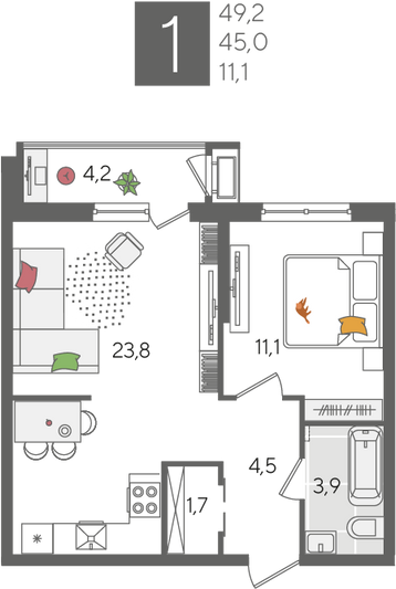 Продажа 1-комнатной квартиры 49,2 м², 2/24 этаж
