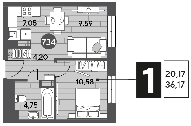 Продажа 1-комнатной квартиры 36,2 м², 7/12 этаж