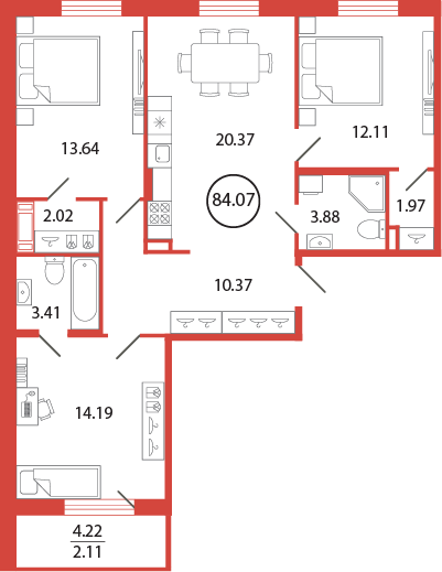 Продажа 3-комнатной квартиры 84,1 м², 10/12 этаж