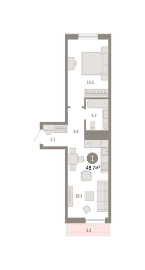 Продажа 1-комнатной квартиры 48,7 м², 7/9 этаж