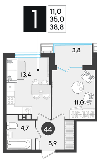 Продажа 1-комнатной квартиры 38,8 м², 6/18 этаж