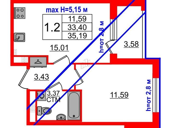 Продажа 1-комнатной квартиры 33,4 м², 4/4 этаж