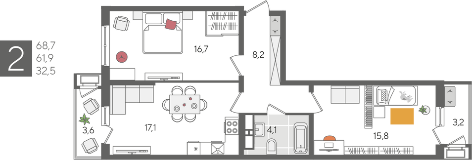 Продажа 2-комнатной квартиры 68,7 м², 17/24 этаж