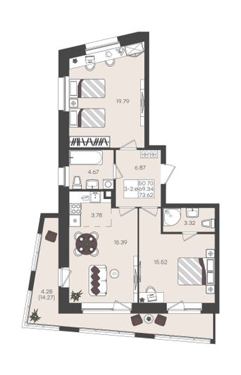 Продажа 3-комнатной квартиры 73,6 м², 10/22 этаж