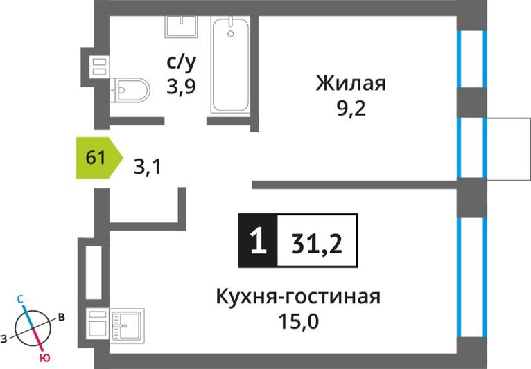 Продажа 1-комнатной квартиры 31,2 м², 8/9 этаж