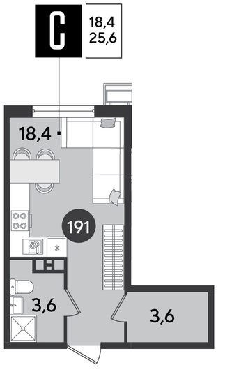 Продажа квартиры-студии 25,6 м², 6/9 этаж